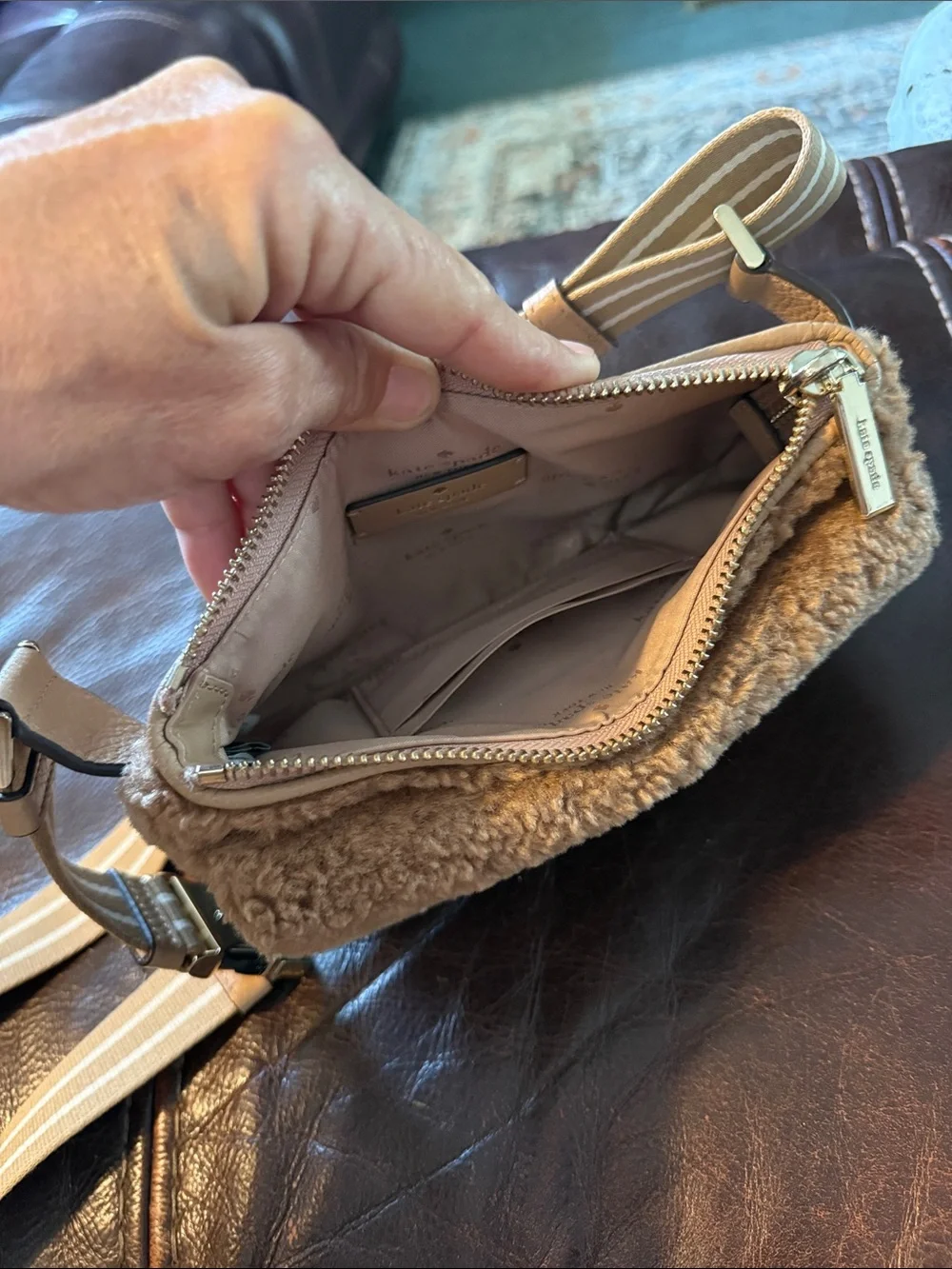 kate spade Tan Faux Fur Crossbody Belt Bag with Striped Strap